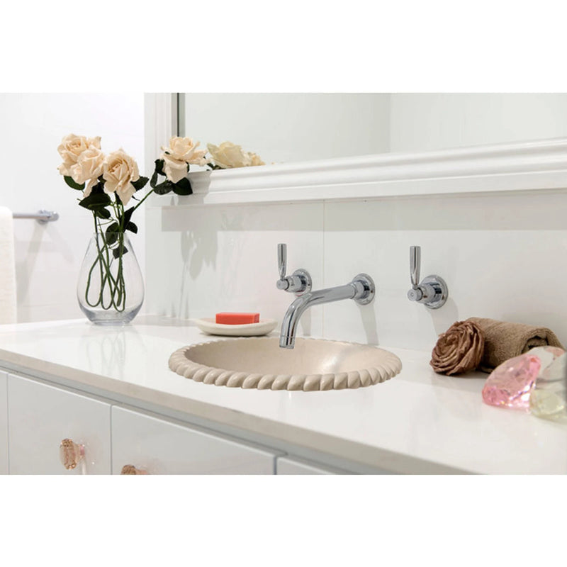 Champagne White Limestone Natural Stone Oval Braid self-rimming Vessel Sink 20020054 Polished drop-in bathroom view
