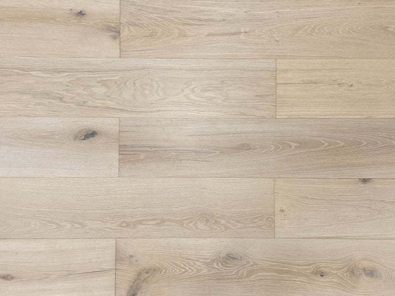 Engineered Hardwood European Oak 9.5" Wide, 86.5" RL, 5/8" Thick Wirebrushed Sonder Chateau Fawn - Mazzia Collection plank view 2