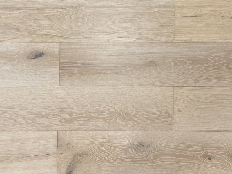 Engineered Hardwood European Oak 9.5" Wide, 86.5" RL, 5/8" Thick Wirebrushed Sonder Chateau Fawn - Mazzia Collection plank view 3