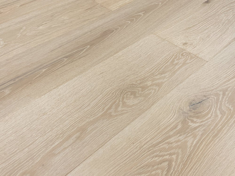Engineered Hardwood European Oak 9.5" Wide, 86.5" RL, 5/8" Thick Wirebrushed Sonder Chateau Fawn - Mazzia Collection angle view