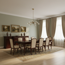 Dining room with wooden table and chairs, large windows, and decorative wall art.