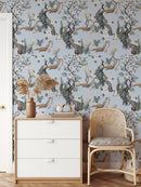 Chinoiserie Peacock Pattern on Blue Background Wallpaper