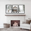 Christmas Theme Wall Art Set. Reindeer, Log Cabin, Forest