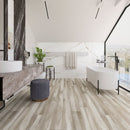 SPC Vinyl Rigid Core 7" Width 60" RL, 6mm Thick, 1.5mm IXPE Chromatic Smoke Fidelis Floors - Mazzia Collection Product shoot Wash room view
