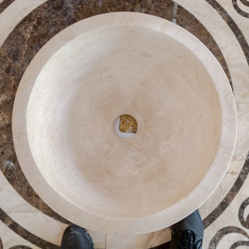 Troia Light Travertine Natural Stone Round Above Vanity Bathroom Sink (D)12.5" (H)6" top view