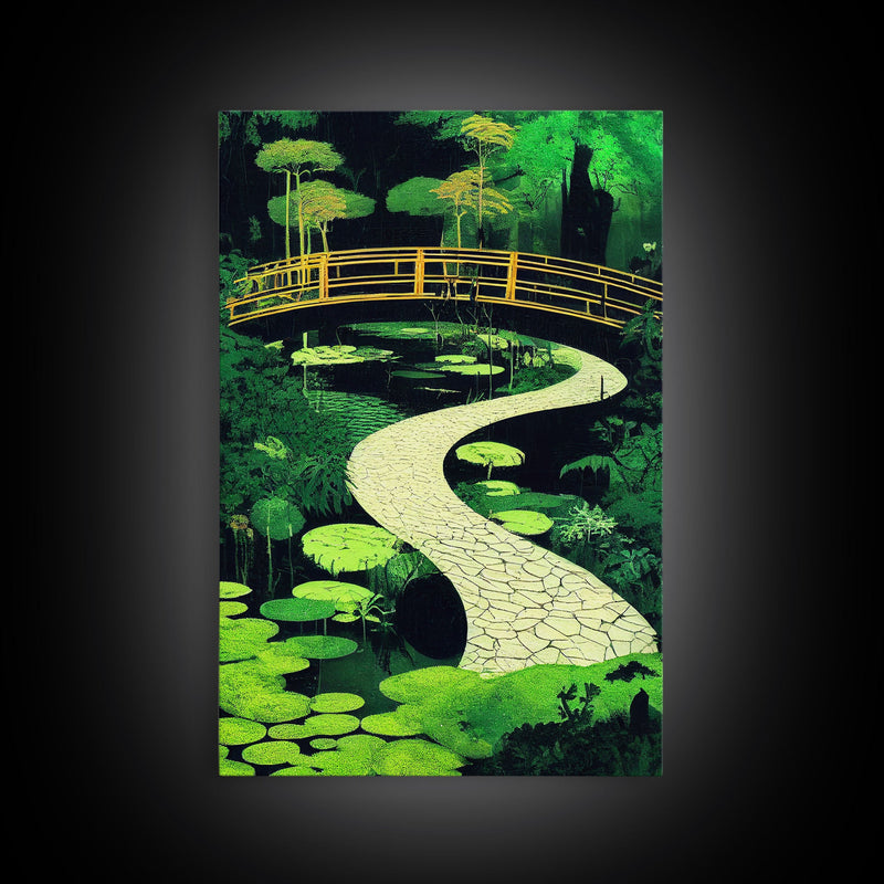 Emerald green Japanese zen garden art, framed canvas print, abstract a