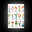 3 Piece Set, Cute Kawaii Floral Print, Flowers In Vases, Framed Wall Art, Canvas Print, Botanical Wall Decor, Dried Flower Large Art