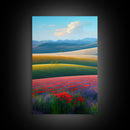 Colorful rolling hills, flower fields, landscape art,  3 piece wall art, 3 piece canvas, cool centerpiece living room wall art