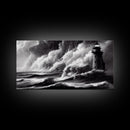 Lighthouse in a storm, black and white, tsunami waves, framed canvas print, ready to hang framed wall art