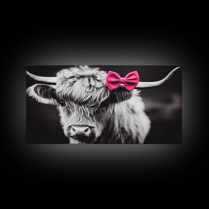 Highland cow canvas wall art, farmhouse decor, black and white cow, cute cow wearing a pink bow, framed canvas print, Scottish cow art