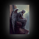 Sad angel sitting on a roof, angelic art, framed canvas print, canvas art, framed wall art
