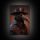 Crow wearing a plague doctor mask, poster art, cool spooky fine art poster print