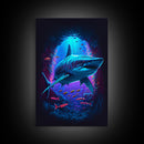 Shark Art, framed canvas print, colorful retro style shark art watercolor painting print