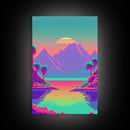 Retro Vaporwave Aesthetic Pixel Art Sunset, Turquoise and Pink Fantasy Landscape Art, Gamer Decor, Game Room Art