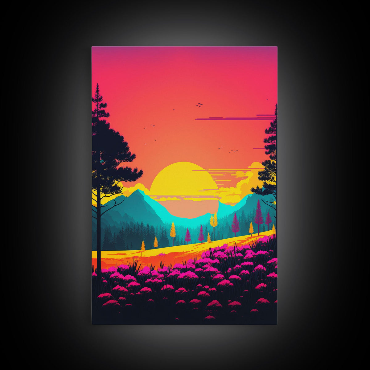 Retro Pop Art Landscape, Surrealist / Psychedelic Art, Framed Canvas P