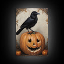 Vintage Halloween Crow Print, Raven On A Jack O Lantern Oil Painting Framed Canvas Print, Retro Halloween Wall Art, Macabre Art