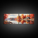 Autumn Cozy Cabin on The Lake, Framed Canvas Print, Farmhouse Decor, Landscape Painting, Unique Wall Art, Fall Decor