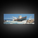 Man Vs. Ocean, Tugboat Crashing On The Rockets, Framed Canvas Print, Nautical Decor, Nautical Centerpiece