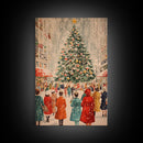 Large Christmas Tree in Snowy Town Square with People Gathering for the Holidays, Framed Canvas Print for Christmas Wall Art