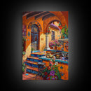 Colorful Mediterranean Courtyard Framed Canvas Print Spanish Tile Art Best Gift Idea Home Decor Above Sofa Wall Art Bright Seasonal Decor