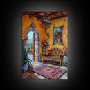 Vibrant Spanish Courtyard Framed Canvas Print Colorful Home Decor Best Gift Bright Seasonal Wall Art Mediterranean Patio Above Sofa Art