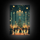 Elegant Ballroom Christmas Dance Scene with Holiday Lights and Decorations, Perfect Holiday Decor for Winter Wonderland, Framed Canvas Print