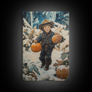 Cowboy Christmas Decor Framed Canvas Print with Pumpkin in Snow, Rustic Holiday Home Wall Art and Seasonal Gift Idea 2024