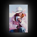 Cowboy with Mug in Snow Framed Canvas Print - Winter Country Scene Art Best 2024 Christmas Wall Decor Gift Idea