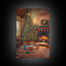 Children By Fireplace And Christmas Tree Framed Canvas Print Cozy Holiday Home Decor With Warm Fire And Festive Decorations Christmas Art