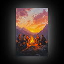 Red Barn at Fall Sunset Framed Canvas Print, Warm Autumn Landscape with Cows in Pasture, Perfect Wall Art for Country and Farmhouse Homes