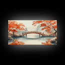 Tranquil Japanese Autumn Bridge Framed Canvas Print Fall Nature Scene Art Minimalist Wall Decor Seasonal Holiday Gift Idea 2024