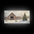 Christmas Barn Snow Sheep Canvas Print Christmas Farmhouse Decor Rustic Christmas Wall Art Framed Canvas Print Christmas Outdoor Decor