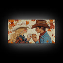 Cowgirl & Cowboy Enjoy Some Hot Chocolate, Art For Couples, Framed Canvas Print, Rustic Farmhouse Home Decor, Wall Art Rustic Decor