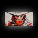 Cowboy in forest with burning fire, deep autumn hues, Framed Canvas Print, moody landscape, fall western art, rustic wall piece, wall decor