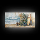 Coastal Christmas Scene Surfboards Christmas Tree Framed Canvas Print, Beach Holiday Decor Wall Art With Surfing Theme