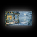 Rustic snowy mountain cabin with Christmas lights, Framed Canvas Print a cozy winter scene, perfect for winter wonderland wall decor