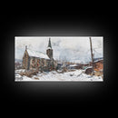 Snowy church scene framed canvas print, stained glass church in winter with snow-covered rooftops, perfect Christmas or holiday art display