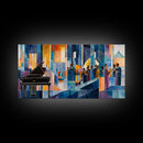 Abstract jazz party scene with grand piano, colorful stained glass aesthetic, framed canvas print ideal vibrant music wall art decor