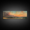 North Beach at Sunset, Framed Canvas Print, Beautiful Panoramic Seascape Painting, Boho / Minimalist Home Decor, Rustic Beach Art