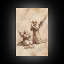 Guardian Angel Wall Art, Angel Painting, Canvas Print, Angel Decor, Angelic Wall Art, Cute Cherub Angel Sketch Art