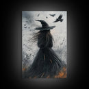 The Witch and her Crows, Framed Canvas print, Spooky Season Halloween Wall Art, Gothic Home Decor, Witch Wall Art, Halloween Art
