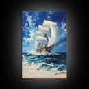 Schooner off the coast of Tripoli, Framed Canvas Print, nautical Decor, Victorian Pirate Art