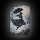 Witch Flying with an Umbrella, Framed Canvas Print, Witchy Decor, Halloween Wall Art, Goth Art, Dark Academia