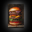 The Burg' Canvas Print, Retro Still Life Oil Painting Of a Hamburger, Canvas Print, Kitchen Decor, Dining Room Art, Funny Wall Art