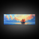 Japanese Sailboat on a Calm Sea, Framed Canvas Print, Panoramic Seascape Landscape Painting, Nautical Home Decor, Ocean Painting