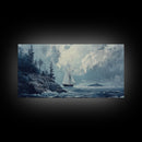 Pirate Ship Off The Coast, Framed Canvas Print, Wood Framed Art, Nautical Decor, Sailboat Painting