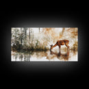 Young Doe Drinking Water In The Forest Framed Canvas Print, Painting of a Deer drinking Water, Gift for Hunter, Outdoorsman Gift, Cabin Art