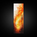 Sunset Blaze in Forest Framed Canvas Print – Dramatic Wall Art, Fiery Forest, Moody Scene, Rustic Decor, Living Room Art, Tall Narrow Art