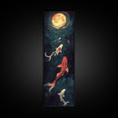 Koi Fish Under a Full Moon, Framed Canvas Print, Wabi Sabi Home Decor, Funky Boho Wall Art, Tall Skinny Art, Narrow Tall Wall Art