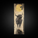 Modern Bull Artwork Framed Canvas Print, Rustic Animal Wall Art, Farmhouse Decor, Vertical Skinny Art, Pine Tree Moonlight Scene
